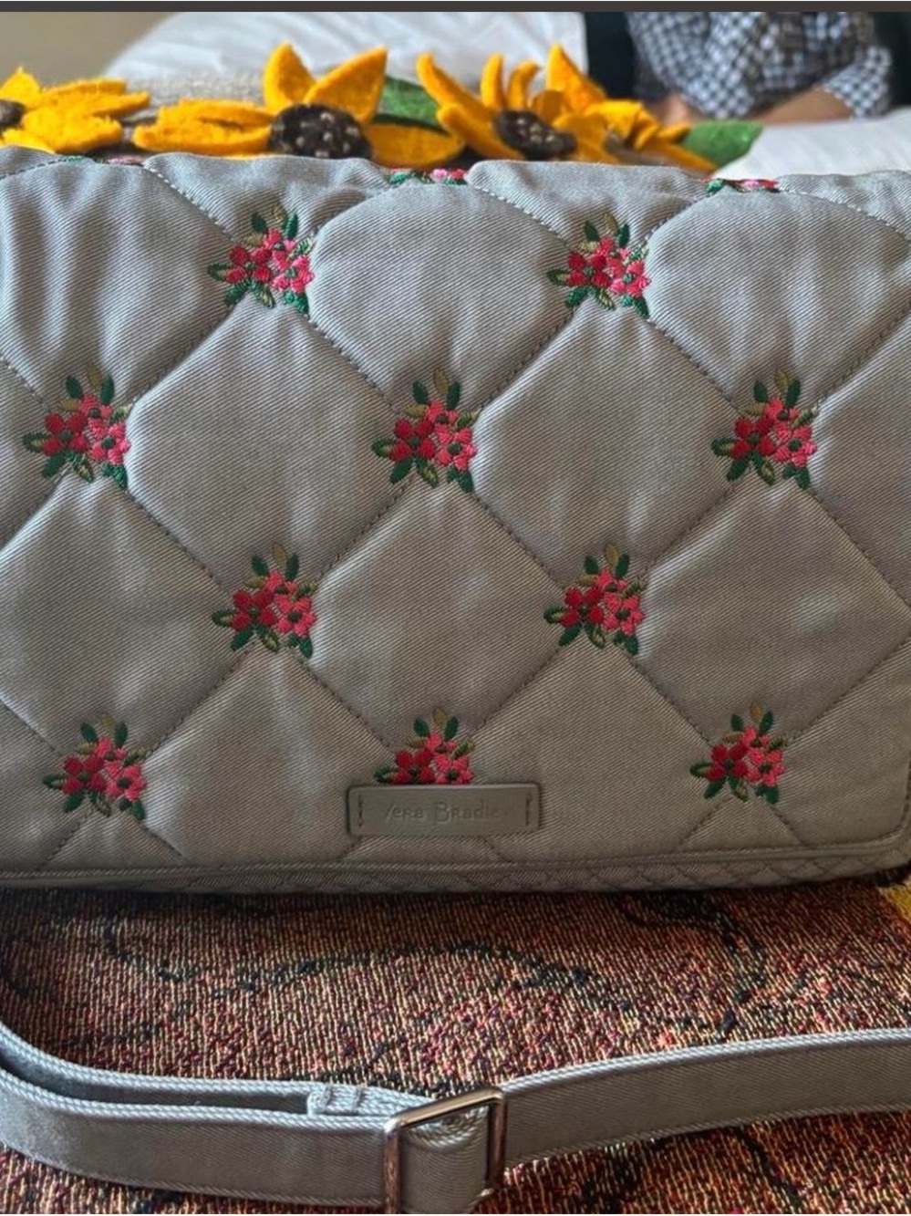 Vera Bradley Quilted Gray Crossbody with Pink Floral Embroidery